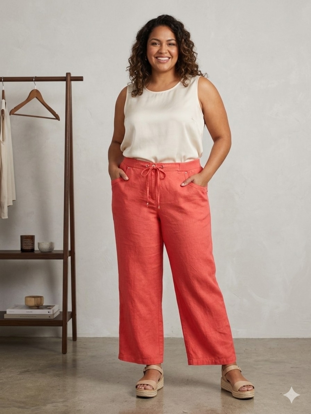 JM Collection Coral Wide-Leg Drawstring Pants 100% Linen Size 18